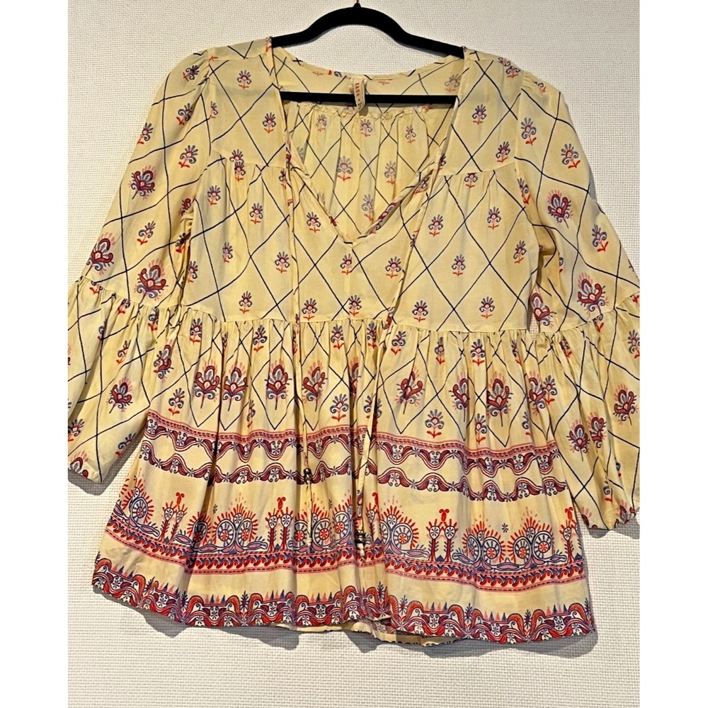 RAGA Anthropologie Juanita Boho Peasant Top Cream‎ Printed Flare Sleeve Sz Large